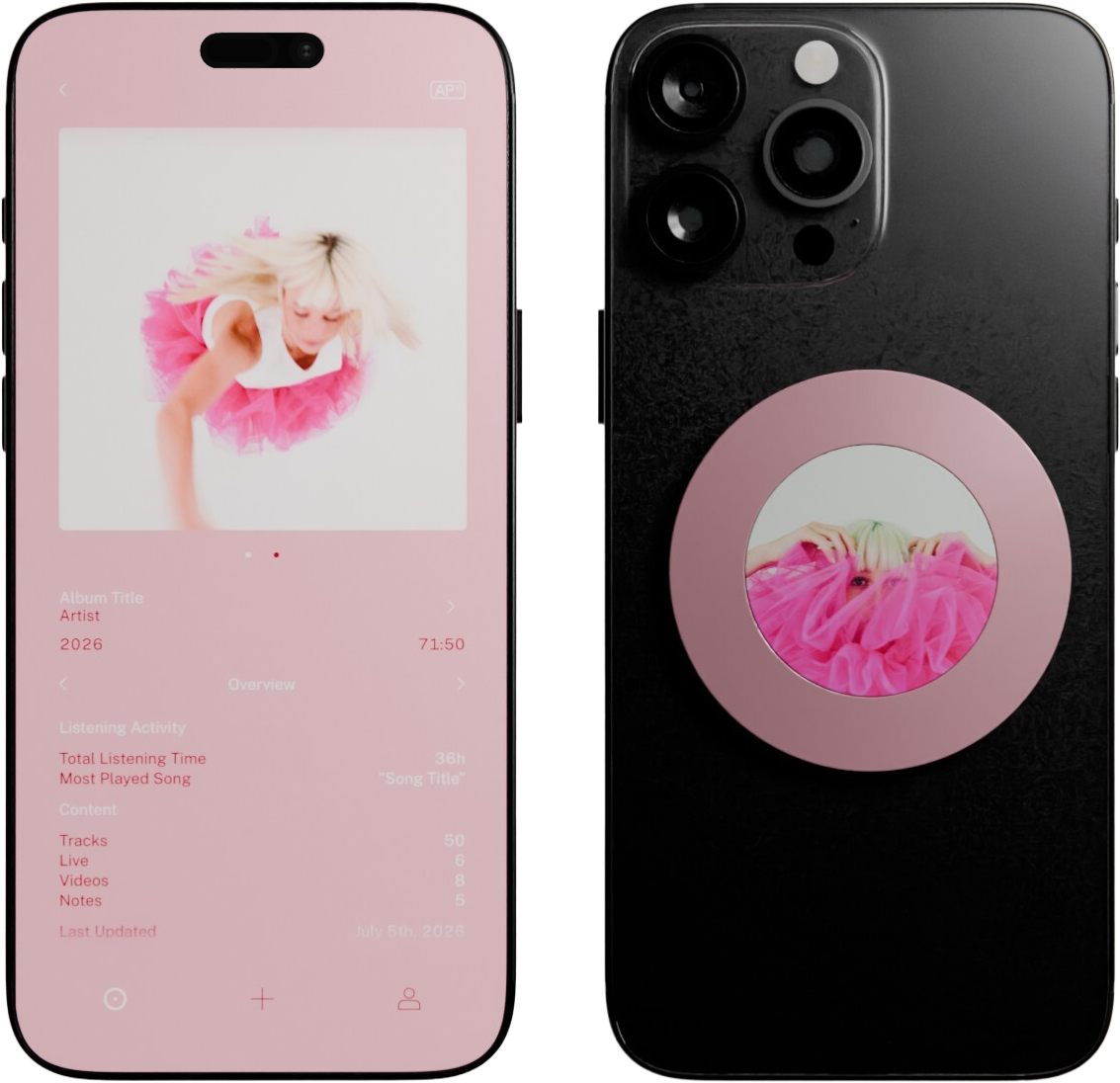 AudioPhysical player beside a phone carrying the pink music object